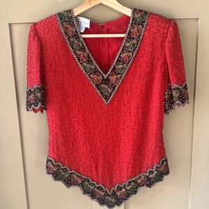 Vintage Laurence Kazar Sz M Allover Sequin Red Holiday Bow Novelty Trim Blouse